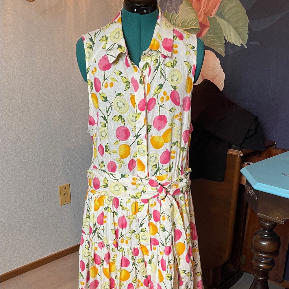 Cynthia Rowley Sleeveless Fruit-Print Midi Dress in White, Pink & Yellow